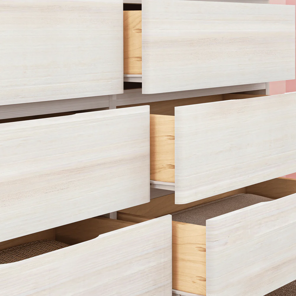 Max & Lily Modern Farmhouse 6 Drawer Dresser in White Wash - close-up of open drawers showing the wood grain and natural interior