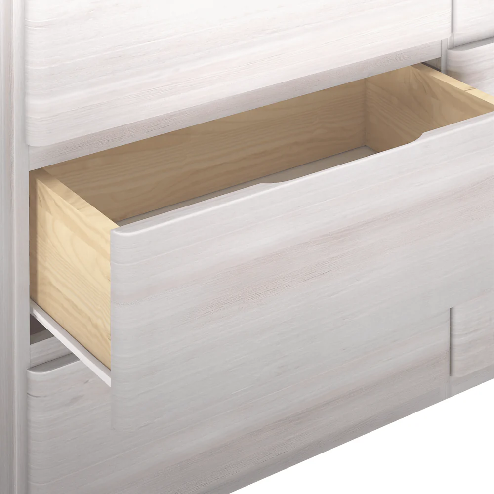 Max & Lily Modern Farmhouse 6 Drawer Dresser in White Wash - close-up of an open drawer showing the solid wood construction and interior