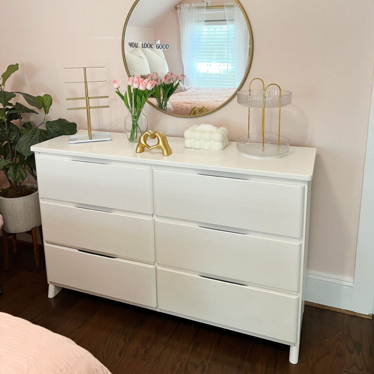 Max Lily Modern Farmhouse 6 Drawer Dresser White Wash Room Scene 8 Max & Lily Modern Farmhouse 6 Drawer Dresser in White Wash - styled in a bedroom with a round mirror, tulips, and plants