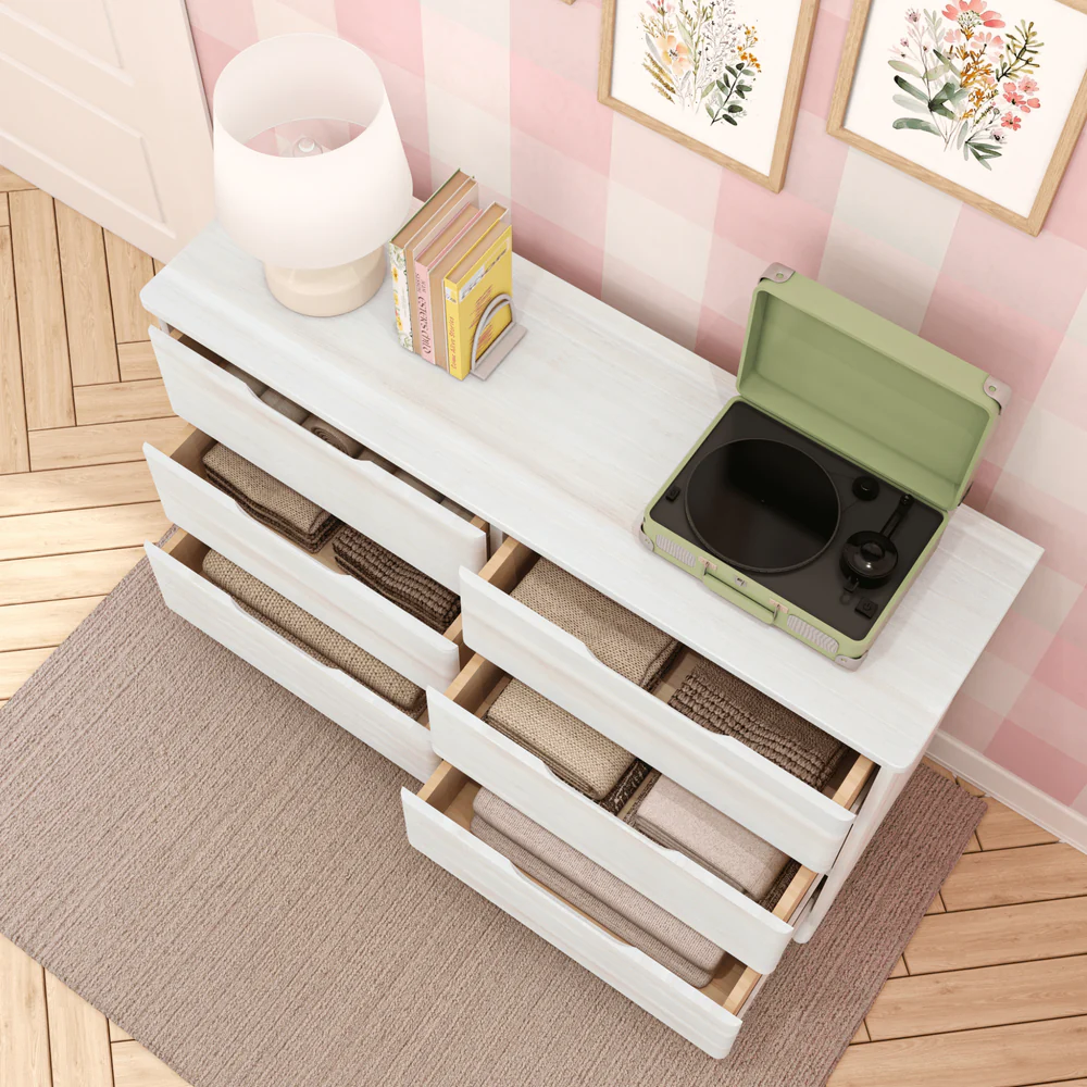 Max & Lily Modern Farmhouse 6 Drawer Dresser in White Wash - overhead view with drawers open showing folded clothes and storage baskets inside