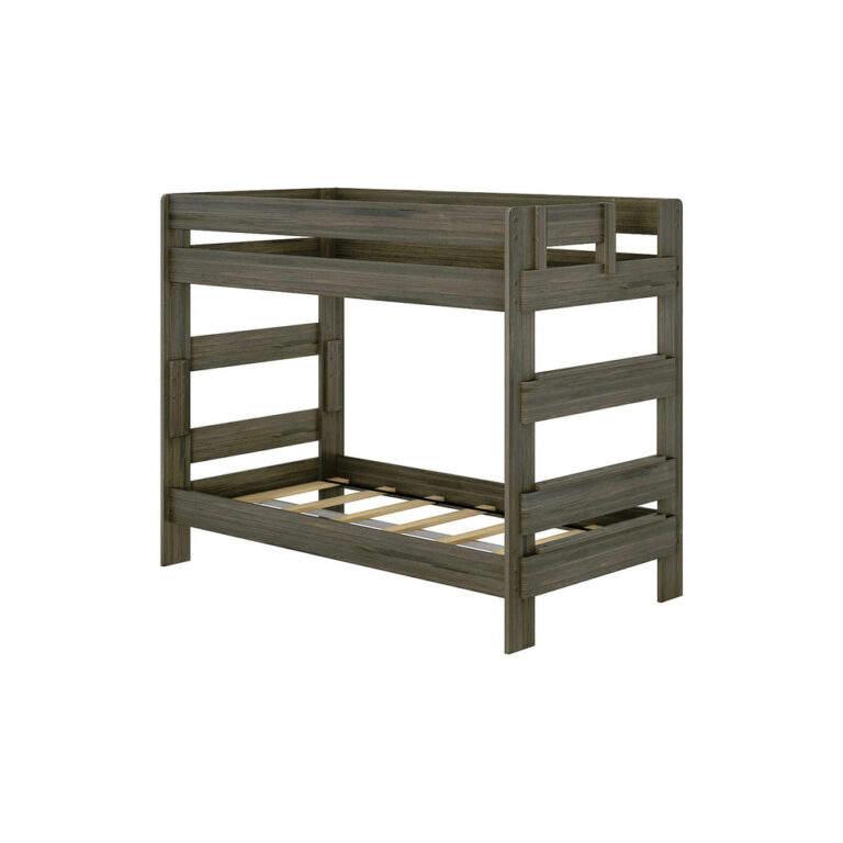 Max Lily Modern Farmhouse Twin Over Twin Bunk Bed Barnwood Brown Angle View Max & Lily Modern Farmhouse Twin Over Twin Bunk Bed in Barnwood Brown - angled product view on a white background showing the built-in end ladder and slat bases.