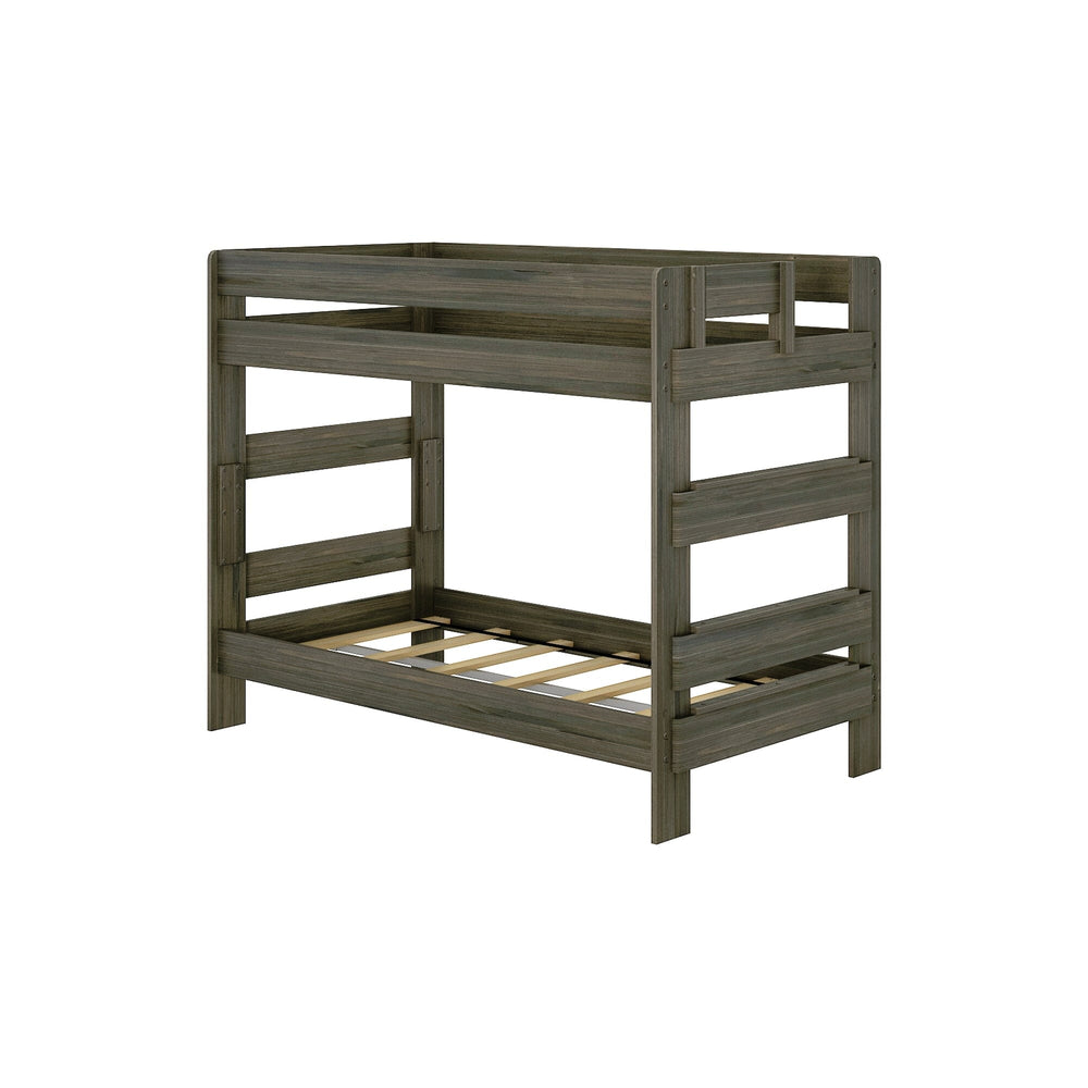 Max & Lily Modern Farmhouse Twin Over Twin Bunk Bed in Barnwood Brown - angled product view on a white background showing the built-in end ladder and slat bases.