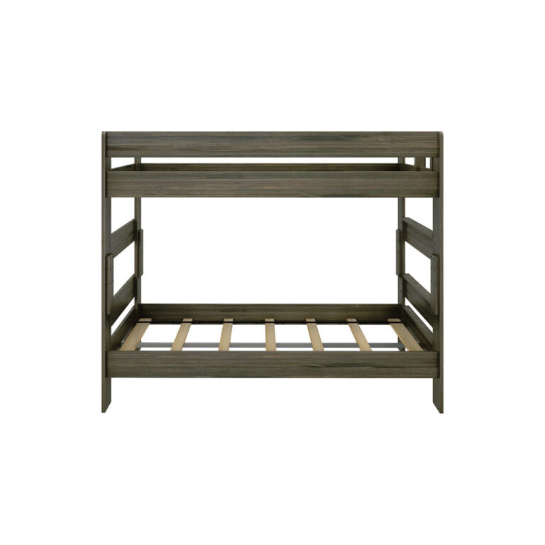 Max Lily Modern Farmhouse Twin Over Twin Bunk Bed Barnwood Brown Front View Max & Lily Modern Farmhouse Twin Over Twin Bunk Bed in Barnwood Brown - straight-on front view on a white background showing the guardrails and slat support.
