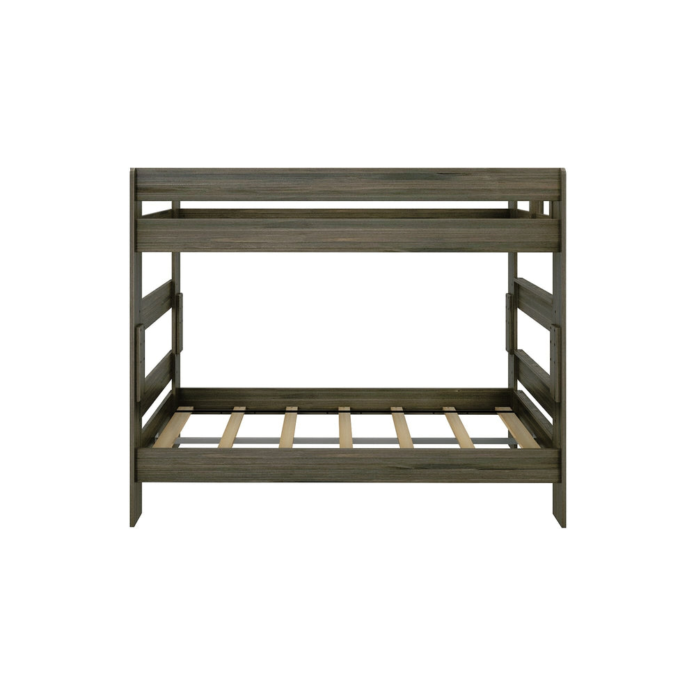 Max & Lily Modern Farmhouse Twin Over Twin Bunk Bed in Barnwood Brown - straight-on front view on a white background showing the guardrails and slat support.
