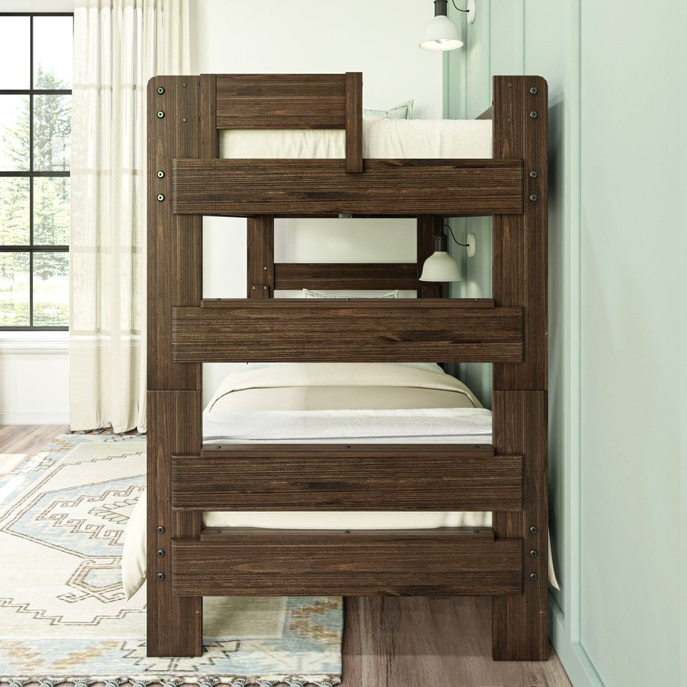 Max & Lily Modern Farmhouse Twin Over Twin Bunk Bed in Barnwood Brown - view of the integrated end ladder rungs in a styled green bedroom.