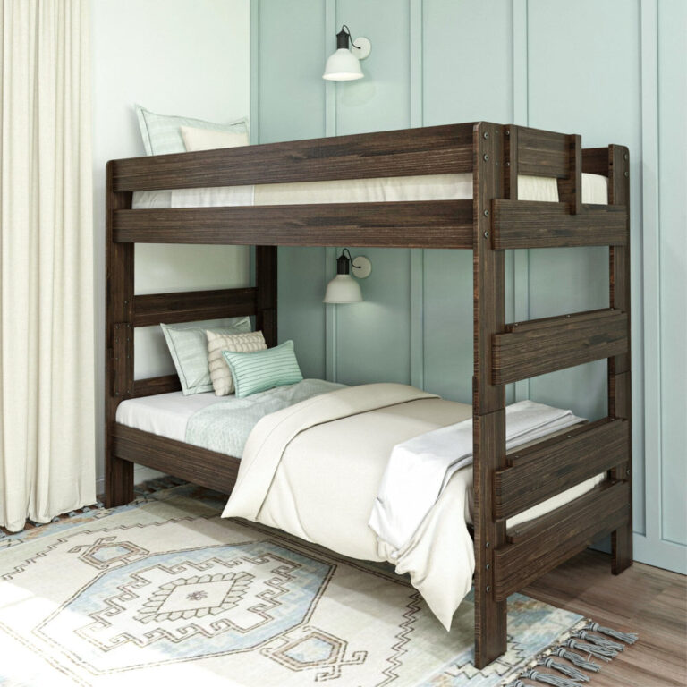 Max Lily Modern Farmhouse Twin Over Twin Bunk Bed Barnwood Brown Room Scene Max & Lily Modern Farmhouse Twin Over Twin Bunk Bed in Barnwood Brown - angled view in a styled bedroom with wall sconces and a patterned area rug.