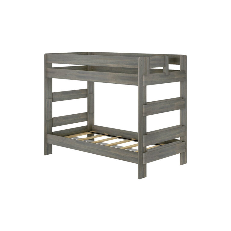 Max Lily Modern Farmhouse Twin Over Twin Bunk Bed Driftwood Angle View Max & Lily Modern Farmhouse Twin Over Twin Bunk Bed in Driftwood - angled studio view of the bare bunk bed frame with its integrated end ladder