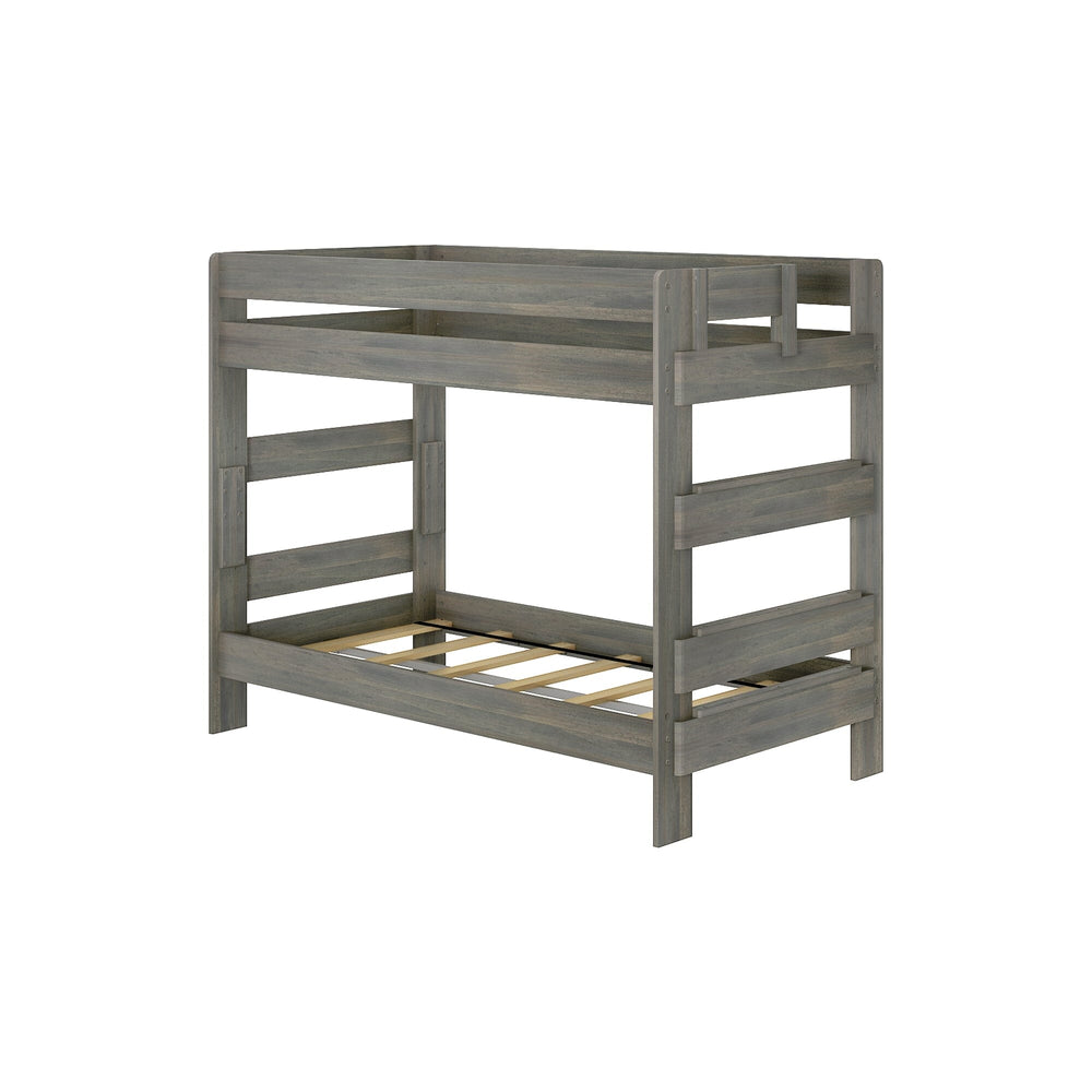 Max & Lily Modern Farmhouse Twin Over Twin Bunk Bed in Driftwood - angled studio view of the bare bunk bed frame with its integrated end ladder