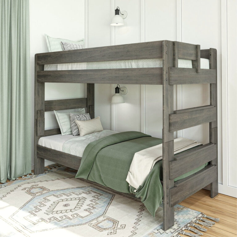 Max Lily Modern Farmhouse Twin Over Twin Bunk Bed Driftwood Room Scene 1 Max & Lily Modern Farmhouse Twin Over Twin Bunk Bed in Driftwood - front angled view of the full bunk bed styled in a farmhouse bedroom with green curtains and an area rug