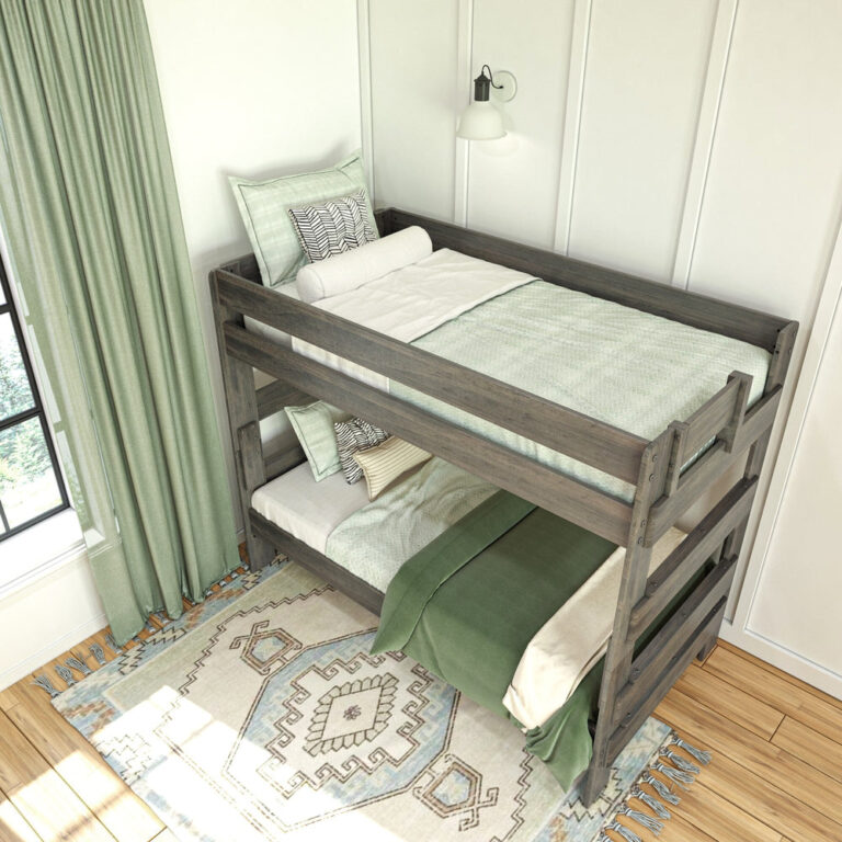 Max Lily Modern Farmhouse Twin Over Twin Bunk Bed Driftwood Room Scene 6 Max & Lily Modern Farmhouse Twin Over Twin Bunk Bed in Driftwood - overhead room view of both bunks made up with bedding beside a bright window