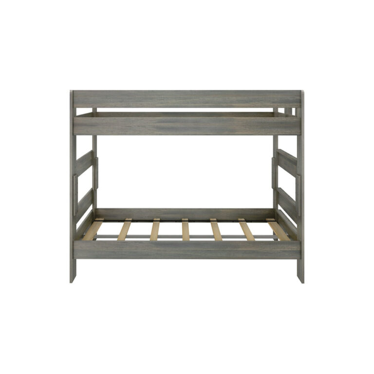 Max Lily Modern Farmhouse Twin Over Twin Bunk Bed Driftwood Side View Max & Lily Modern Farmhouse Twin Over Twin Bunk Bed in Driftwood - side profile of the bare bunk bed frame showing the exposed wood support slats