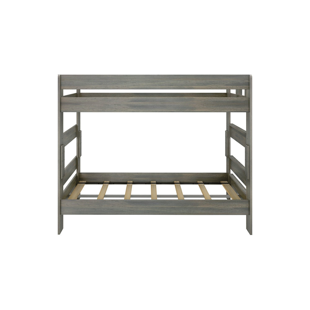 Max & Lily Modern Farmhouse Twin Over Twin Bunk Bed in Driftwood - side profile of the bare bunk bed frame showing the exposed wood support slats