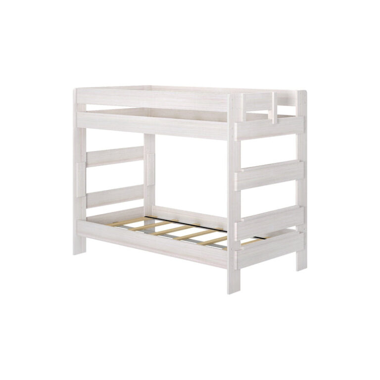 Max Lily Modern Farmhouse Twin Over Twin Bunk Bed White Wash Angle View Max & Lily Modern Farmhouse Twin Over Twin Bunk Bed in White Wash - studio angle view of the bare frame showing the guardrails and integrated ladder.