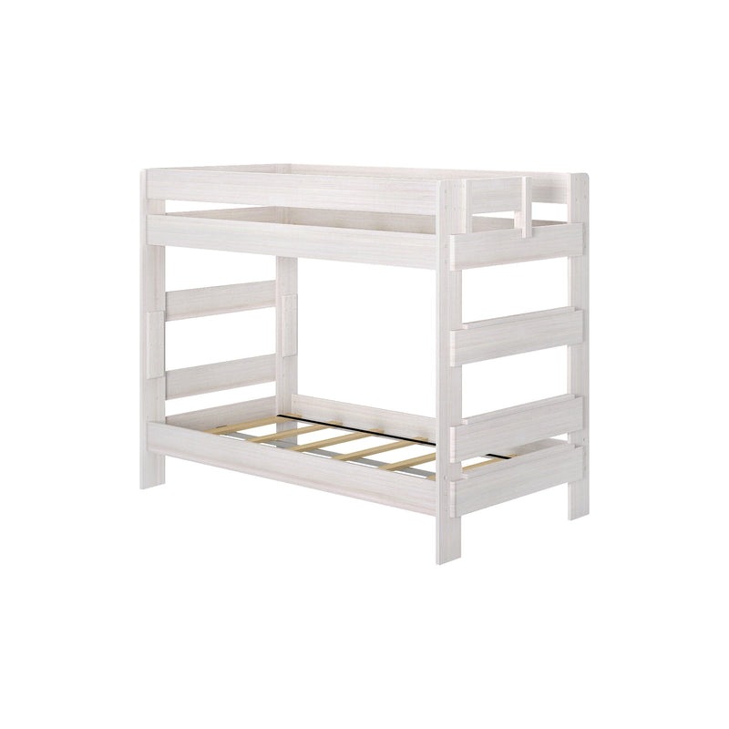 Max & Lily Modern Farmhouse Twin Over Twin Bunk Bed in White Wash - studio angle view of the bare frame showing the guardrails and integrated ladder.