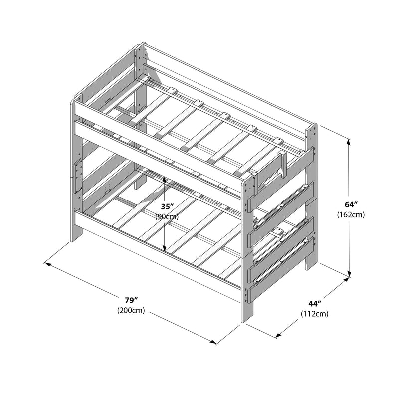 Max & Lily Modern Farmhouse Twin Over Twin Bunk Bed in White Wash - dimensions diagram showing overall length seventy-nine inches, width forty-four inches, height sixty-four inches and the clearance between bunks.