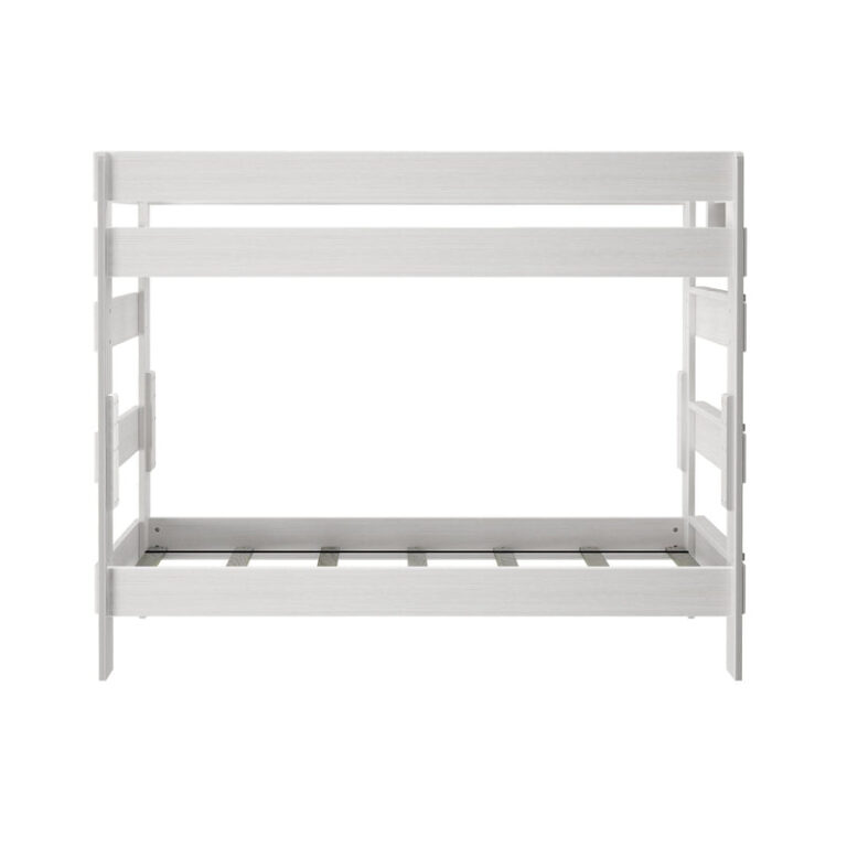 Max Lily Modern Farmhouse Twin Over Twin Bunk Bed White Wash Front View Max & Lily Modern Farmhouse Twin Over Twin Bunk Bed in White Wash - straight-on end view of the bunk bed frame against a white background.