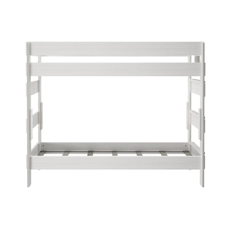Max & Lily Modern Farmhouse Twin Over Twin Bunk Bed in White Wash - straight-on end view of the bunk bed frame against a white background.