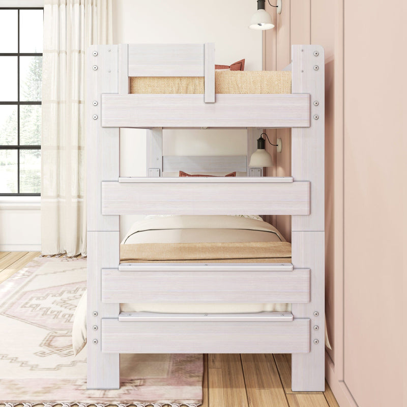 Max & Lily Modern Farmhouse Twin Over Twin Bunk Bed in White Wash - end view showing the integrated built-in ladder in a styled bedroom.