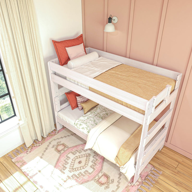 Max & Lily Modern Farmhouse Twin Over Twin Bunk Bed in White Wash - overhead room scene of the bunk bed styled with bedding in a pink bedroom.