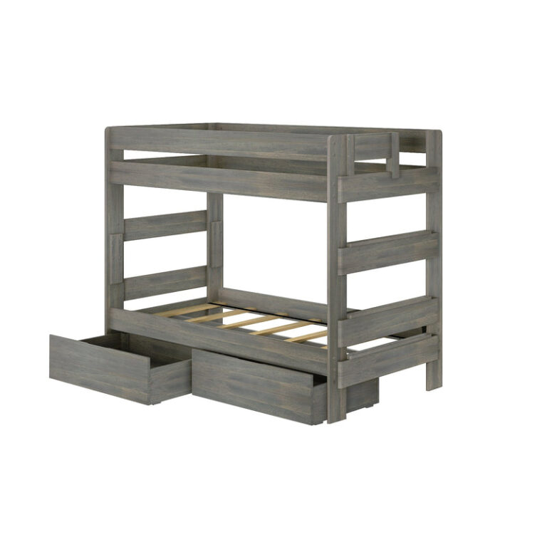 Max Lily Modern Farmhouse Twin Over Twin Bunk Bed With Storage Drawers Driftwood Angle View Max & Lily Modern Farmhouse Twin Over Twin Bunk Bed With Storage Drawers in Driftwood - studio angle view showing the open storage drawers and wooden slat base.