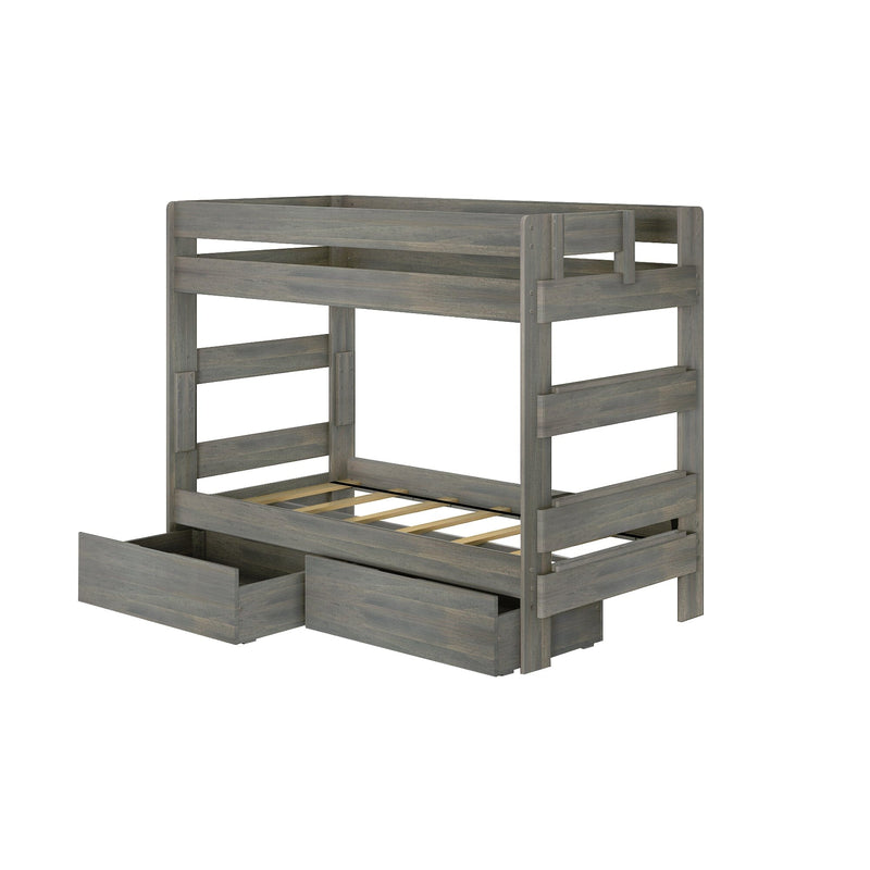 Max Lily Modern Farmhouse Twin Over Twin Bunk Bed With Storage Drawers Driftwood Angle View Max & Lily Modern Farmhouse Twin Over Twin Bunk Bed With Storage Drawers in Driftwood - studio angle view showing the open storage drawers and wooden slat base.