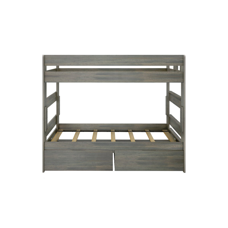 Max Lily Modern Farmhouse Twin Over Twin Bunk Bed With Storage Drawers Driftwood Front View Max & Lily Modern Farmhouse Twin Over Twin Bunk Bed With Storage Drawers in Driftwood - front view showing the ladder, safety guardrail, and lower bunk slats with closed storage drawers.
