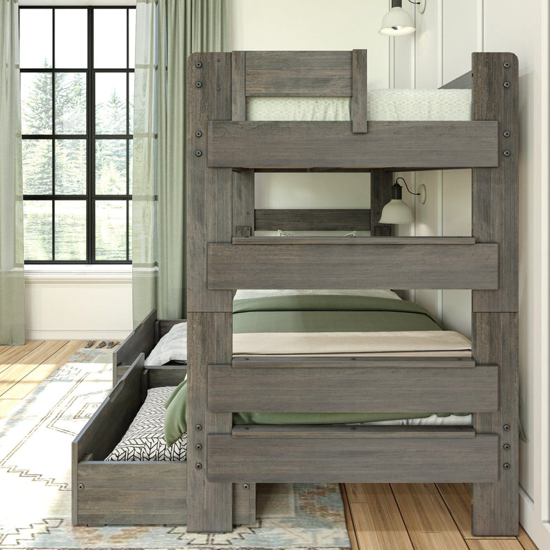 Max Lily Modern Farmhouse Twin Over Twin Bunk Bed With Storage Drawers Driftwood Ladder Detail Max & Lily Modern Farmhouse Twin Over Twin Bunk Bed With Storage Drawers in Driftwood - front view of the integrated ladder with a storage drawer open in a bedroom setting.