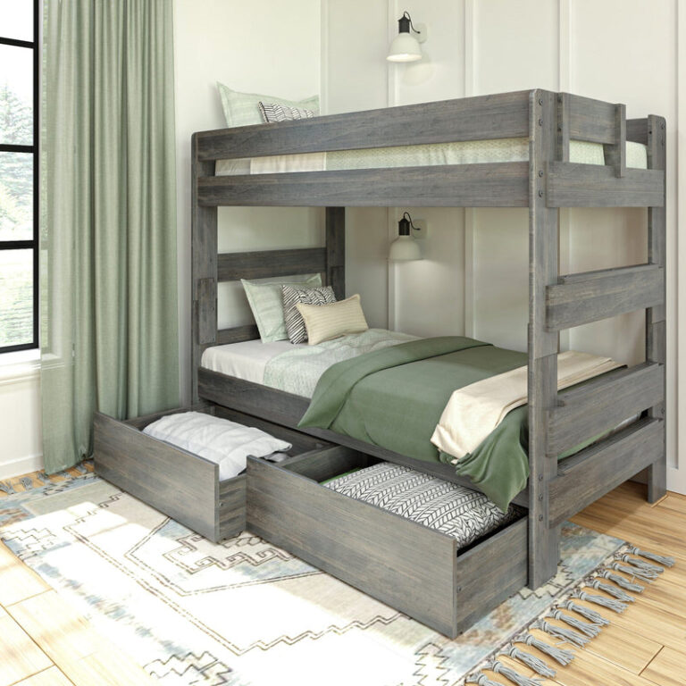Max Lily Modern Farmhouse Twin Over Twin Bunk Bed With Storage Drawers Driftwood Room Scene 1 Max & Lily Modern Farmhouse Twin Over Twin Bunk Bed With Storage Drawers in Driftwood - angled bedroom scene with both under-bed storage drawers pulled open and green bedding.