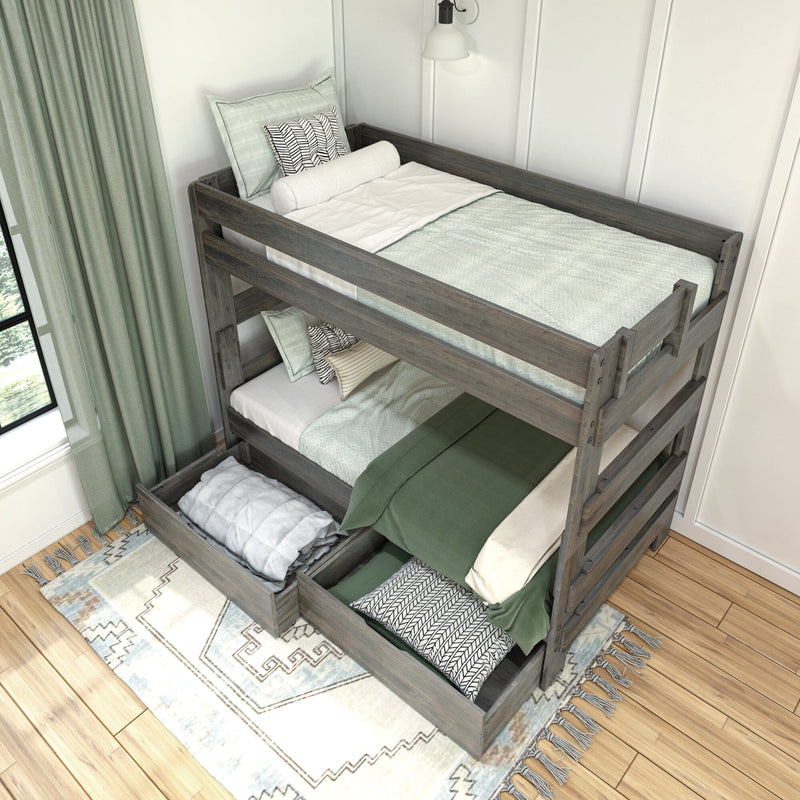 Max Lily Modern Farmhouse Twin Over Twin Bunk Bed With Storage Drawers Driftwood Room Scene 6 Max & Lily Modern Farmhouse Twin Over Twin Bunk Bed With Storage Drawers in Driftwood - overhead bedroom view of both bunks with under-bed storage drawers open.