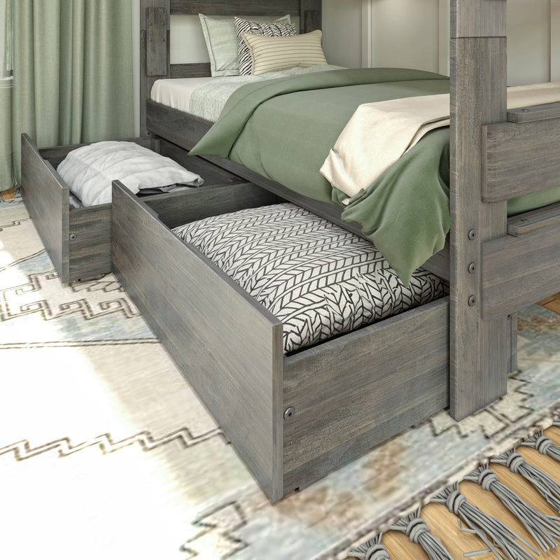 Max Lily Modern Farmhouse Twin Over Twin Bunk Bed With Storage Drawers Driftwood Storage Drawers Open Max & Lily Modern Farmhouse Twin Over Twin Bunk Bed With Storage Drawers in Driftwood - close-up of the two under-bed storage drawers pulled open in a styled bedroom.