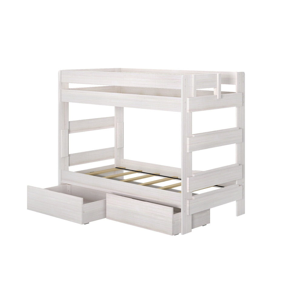 Max Lily Modern Farmhouse Twin Over Twin Bunk Bed With Storage Drawers White Wash Angle View Max & Lily Modern Farmhouse Twin Over Twin Bunk Bed With Storage Drawers in White Wash - angled studio view with the storage drawers pulled open showing the slat bases.
