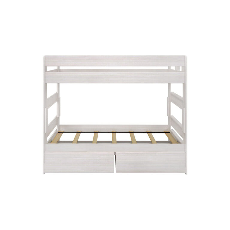 Max Lily Modern Farmhouse Twin Over Twin Bunk Bed With Storage Drawers White Wash Front View Max & Lily Modern Farmhouse Twin Over Twin Bunk Bed With Storage Drawers in White Wash - straight-on front view showing the ladder, guardrails and closed storage drawers.