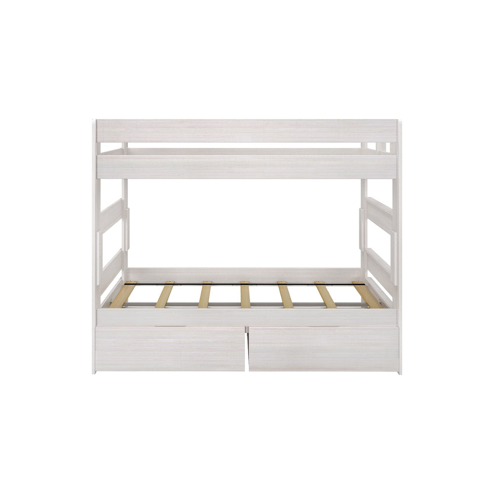 Max Lily Modern Farmhouse Twin Over Twin Bunk Bed With Storage Drawers White Wash Front View Max & Lily Modern Farmhouse Twin Over Twin Bunk Bed With Storage Drawers in White Wash - straight-on front view showing the ladder, guardrails and closed storage drawers.