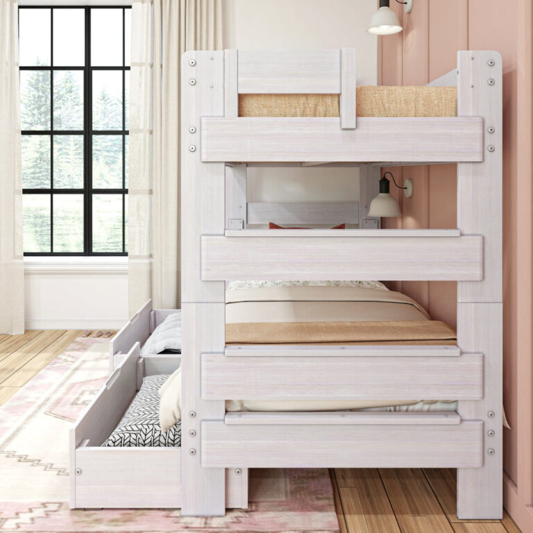 Max Lily Modern Farmhouse Twin Over Twin Bunk Bed With Storage Drawers White Wash Ladder Detail Max & Lily Modern Farmhouse Twin Over Twin Bunk Bed With Storage Drawers in White Wash - close-up of the built-in end ladder and safety guardrails.