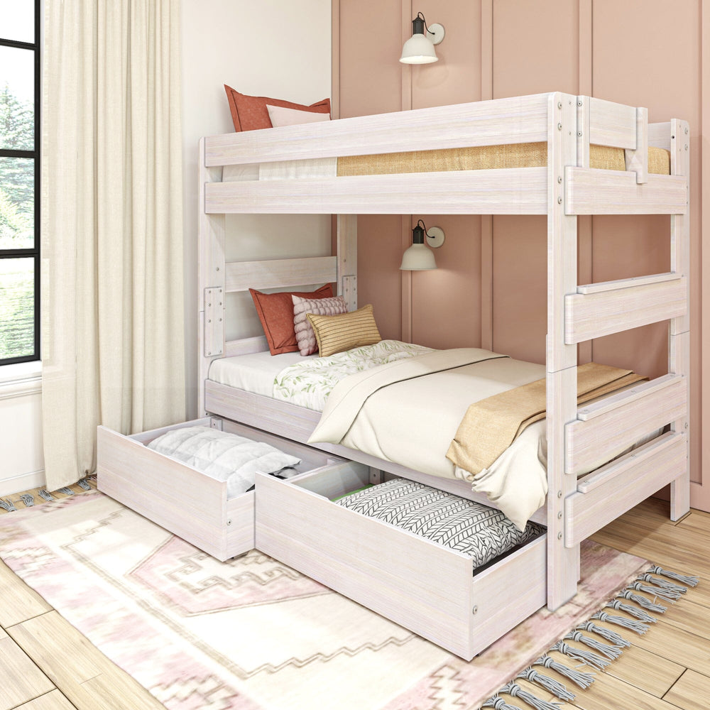 Max Lily Modern Farmhouse Twin Over Twin Bunk Bed With Storage Drawers White Wash Room Scene 1 Max & Lily Modern Farmhouse Twin Over Twin Bunk Bed With Storage Drawers in White Wash - angled room view with both under-bed storage drawers pulled open in a pink bedroom.