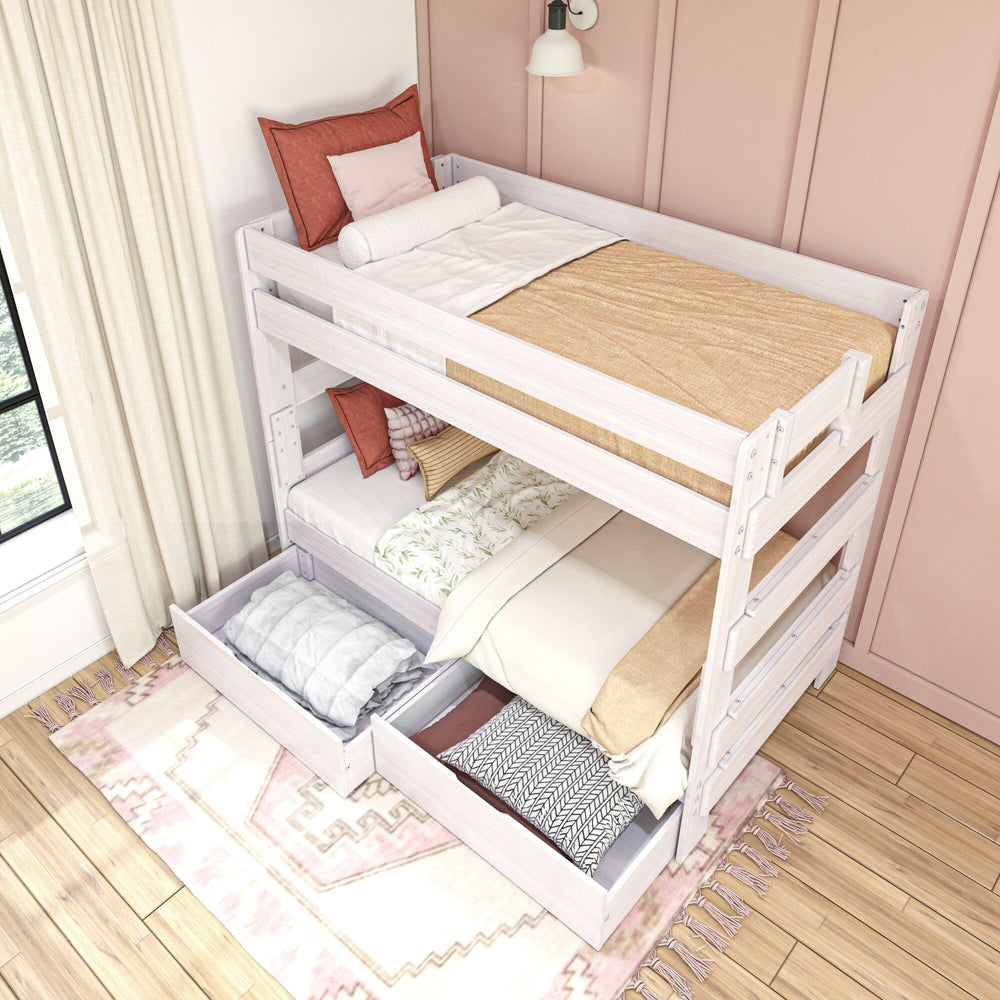 Max Lily Modern Farmhouse Twin Over Twin Bunk Bed With Storage Drawers White Wash Room Scene 6 Max & Lily Modern Farmhouse Twin Over Twin Bunk Bed With Storage Drawers in White Wash - overhead room view with an open storage drawer and styled bedding.