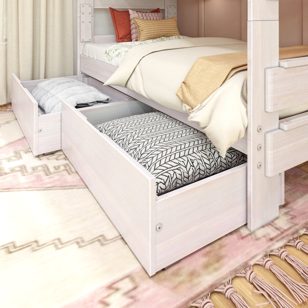 Max Lily Modern Farmhouse Twin Over Twin Bunk Bed With Storage Drawers White Wash Storage Drawers Open Max & Lily Modern Farmhouse Twin Over Twin Bunk Bed With Storage Drawers in White Wash - close-up of the two under-bed storage drawers open and filled with bedding.