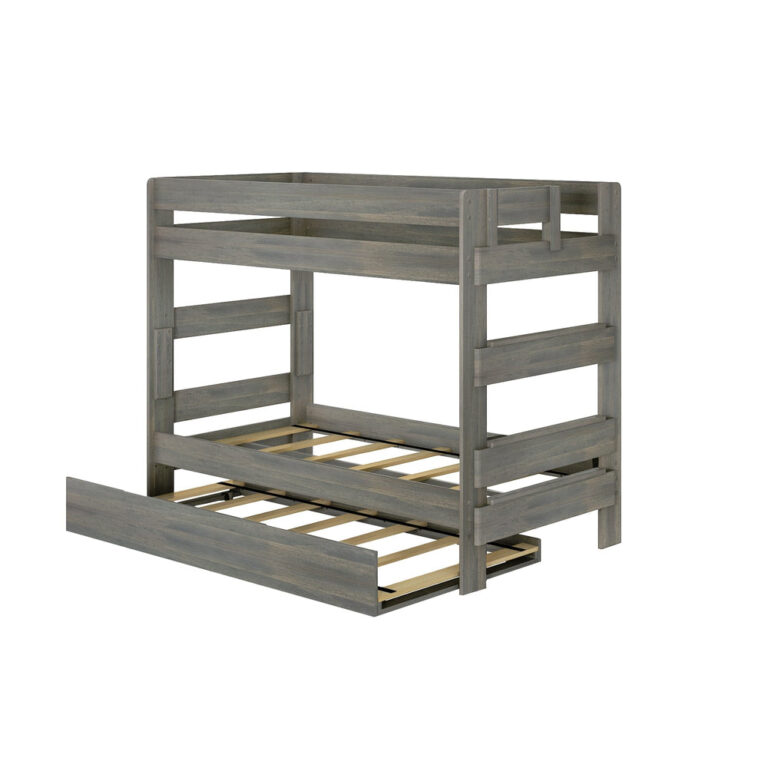 Max Lily Modern Farmhouse Twin Over Twin Bunk Bed With Trundle Driftwood Angle View Max & Lily Modern Farmhouse Twin Over Twin Bunk Bed With Trundle in Driftwood - angled view showing the wood slat mattress supports and open trundle frame.