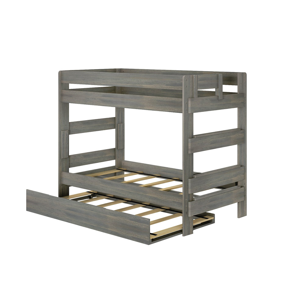 Max & Lily Modern Farmhouse Twin Over Twin Bunk Bed With Trundle in Driftwood - angled view showing the wood slat mattress supports and open trundle frame.