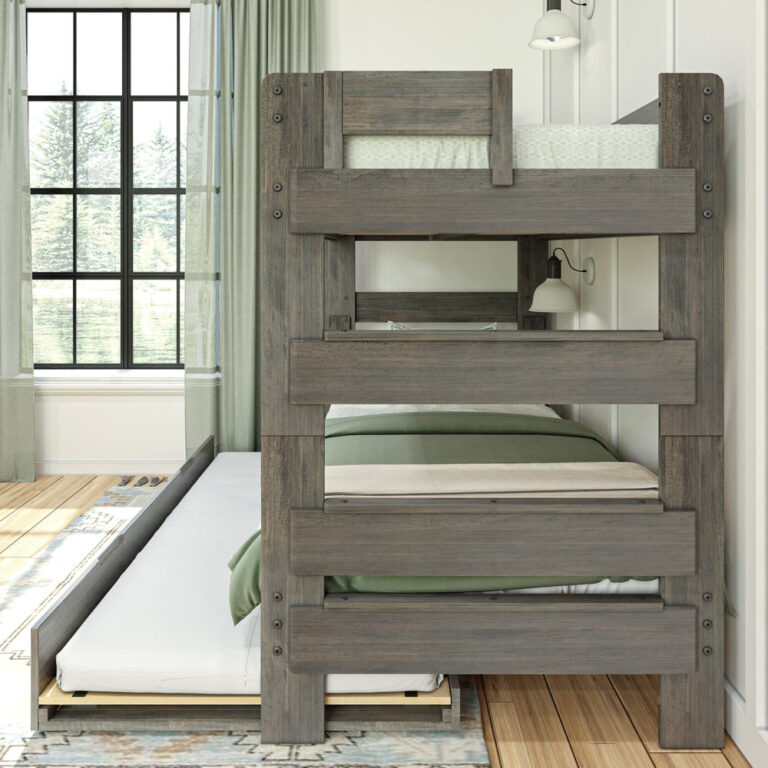 Max Lily Modern Farmhouse Twin Over Twin Bunk Bed With Trundle Driftwood End Ladder Detail Max & Lily Modern Farmhouse Twin Over Twin Bunk Bed With Trundle in Driftwood - close-up of the built-in end ladder rungs and upper bunk safety guardrail.