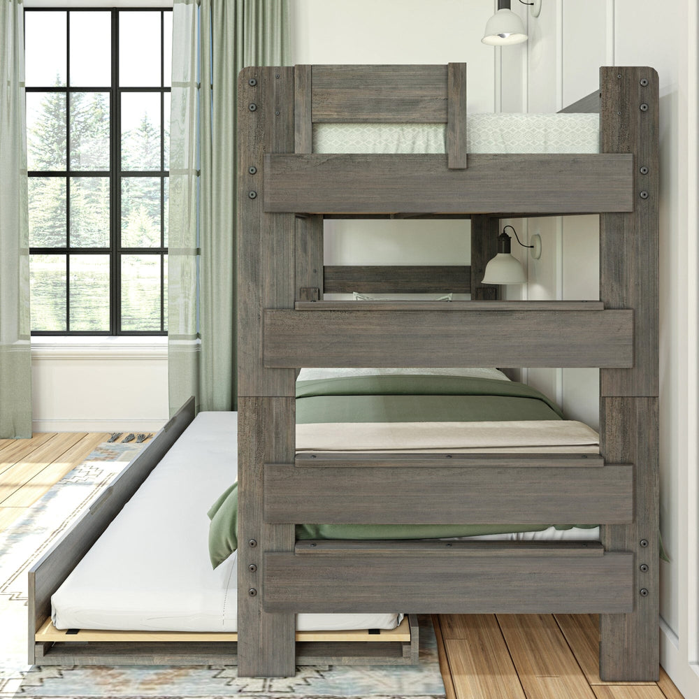 Max & Lily Modern Farmhouse Twin Over Twin Bunk Bed With Trundle in Driftwood - close-up of the built-in end ladder rungs and upper bunk safety guardrail.
