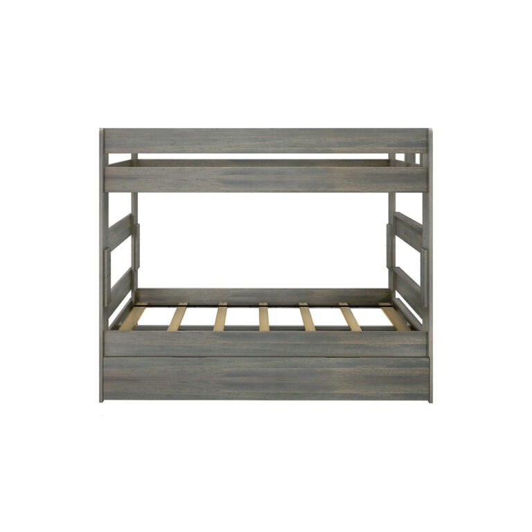Max Lily Modern Farmhouse Twin Over Twin Bunk Bed With Trundle Driftwood Front View Max & Lily Modern Farmhouse Twin Over Twin Bunk Bed With Trundle in Driftwood - front view showing the stacked twin beds with slat supports and pull-out trundle.