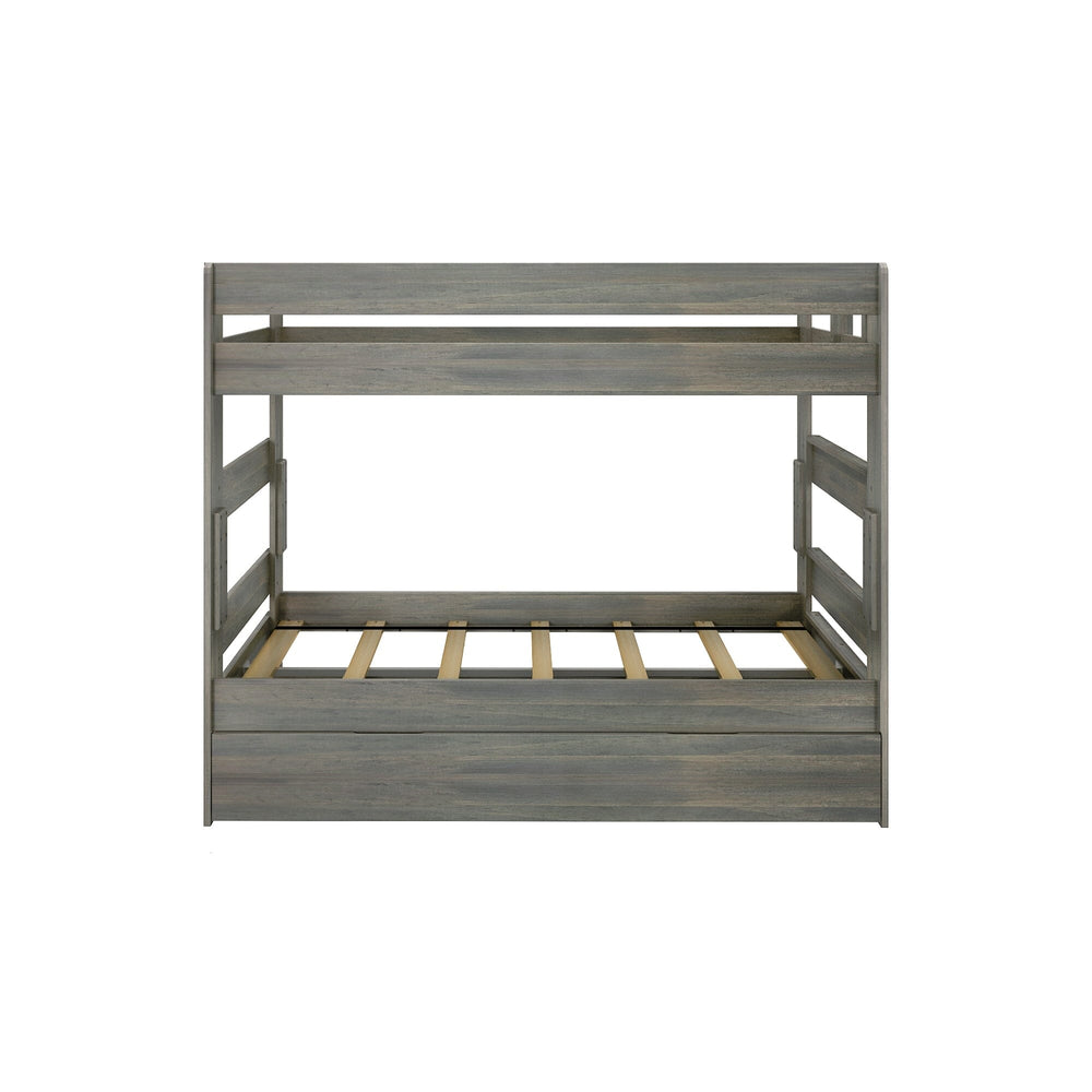 Max & Lily Modern Farmhouse Twin Over Twin Bunk Bed With Trundle in Driftwood - front view showing the stacked twin beds with slat supports and pull-out trundle.