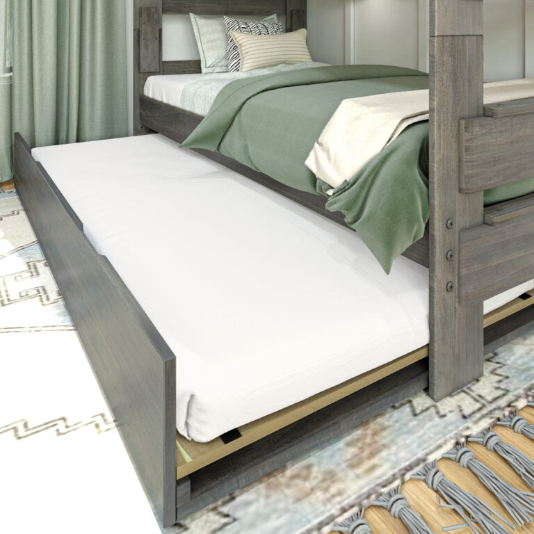 Max & Lily Modern Farmhouse Twin Over Twin Bunk Bed With Trundle in Driftwood - close-up of the pull-out trundle bed extended beneath the lower bunk.