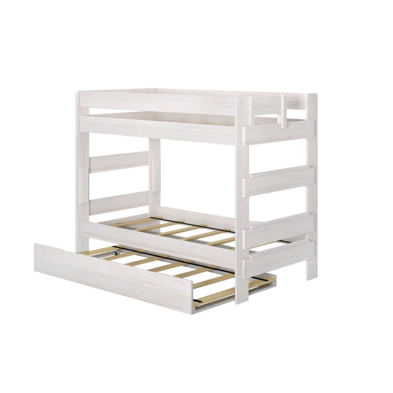 Max Lily Modern Farmhouse Twin Over Twin Bunk Bed With Trundle White Wash Angle View Max & Lily Modern Farmhouse Twin Over Twin Bunk Bed With Trundle in White Wash - angled studio view on a white background with the trundle open showing the wood slat platform