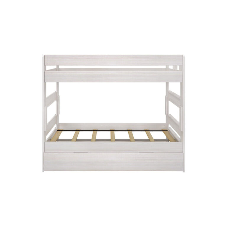 Max Lily Modern Farmhouse Twin Over Twin Bunk Bed With Trundle White Wash Front View Max & Lily Modern Farmhouse Twin Over Twin Bunk Bed With Trundle in White Wash - straight front view on a white background showing the ladder, safety guardrails and lower trundle drawer