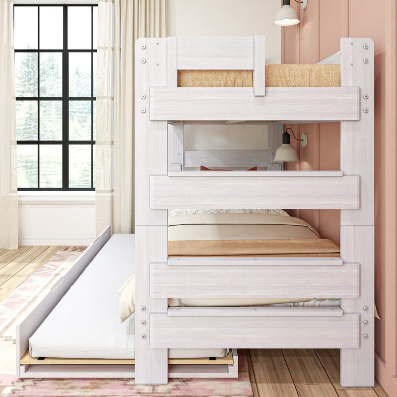 Max & Lily Modern Farmhouse Twin Over Twin Bunk Bed With Trundle in White Wash - side view showing the integrated ladder rungs and safety guardrails in a room setting
