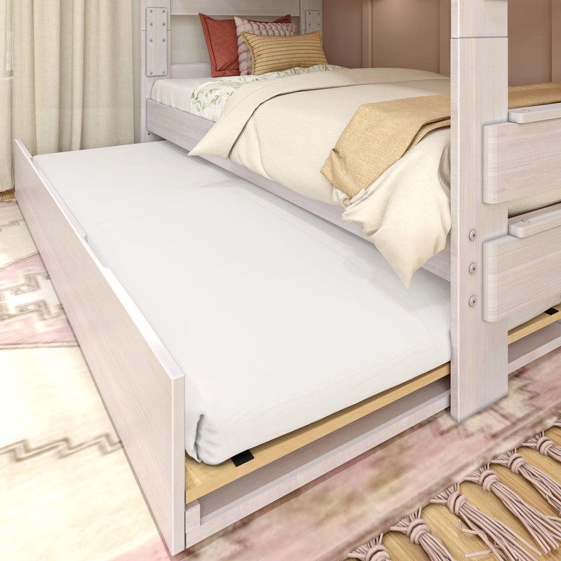 Max & Lily Modern Farmhouse Twin Over Twin Bunk Bed With Trundle in White Wash - close-up of the trundle bed pulled out from beneath the lower bunk with a fresh mattress