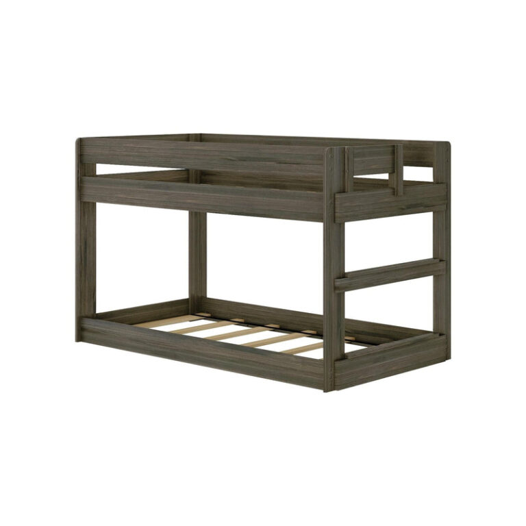 Max & Lily Modern Farmhouse Twin Over Twin Low Bunk Bed in Barnwood Brown - angled product view on a white background showing the guardrails, end ladder and slatted mattress support.