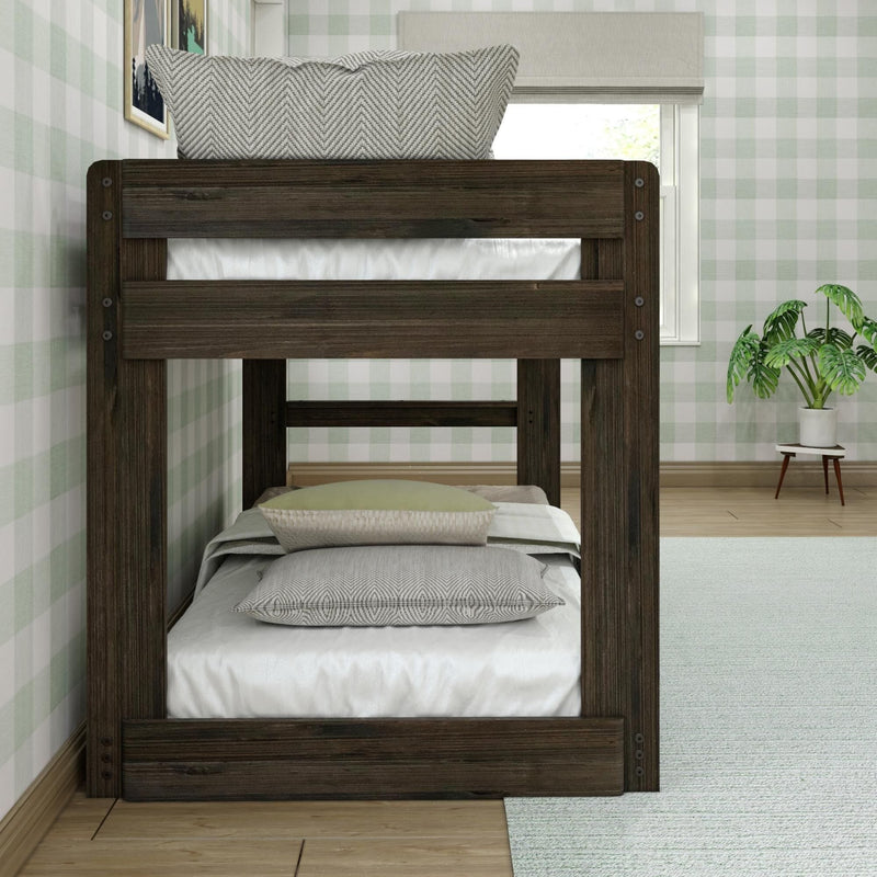 Max & Lily Modern Farmhouse Twin Over Twin Low Bunk Bed in Barnwood Brown - end view showing the built-in ladder for the upper bunk.